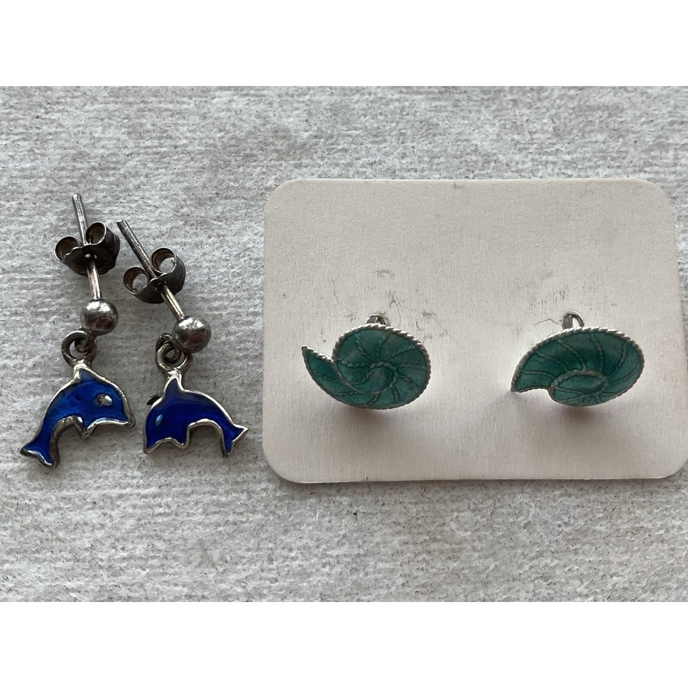 Lot Of 2 925 Sterling Silver Enamel Earrings Dolphin & Shells Beach Vintage